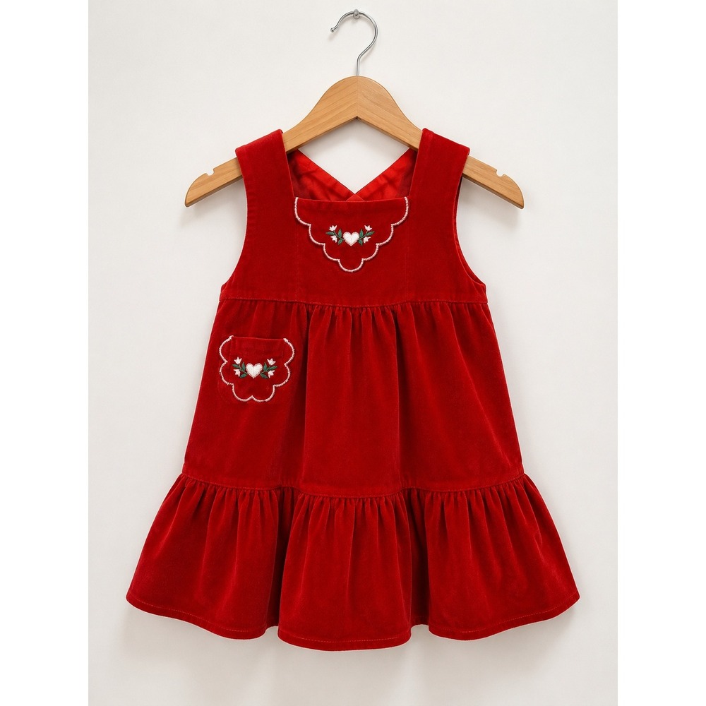 Vintage Dimples Red Velveteen Dress Girls Size 3T Embroidered Heart Holiday